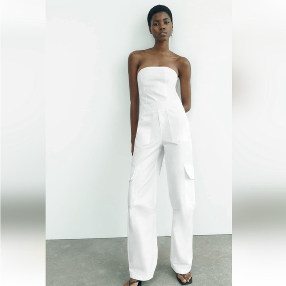 NWT Zara Strapless Wide Leg Cargo Jumpsuit in Off-White - Picture 4 of 16